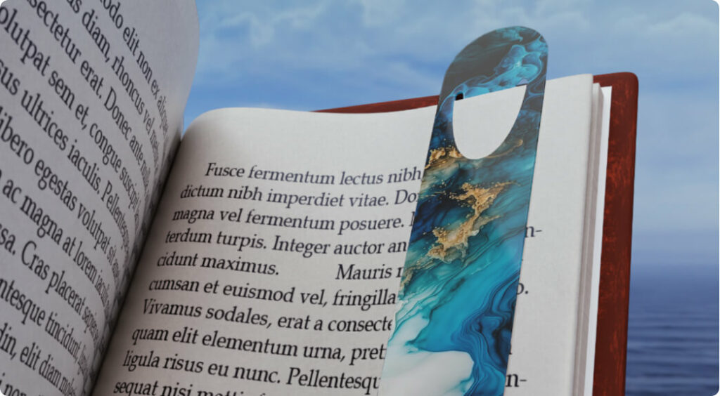 An open book with a bookmark customized with an abstract design