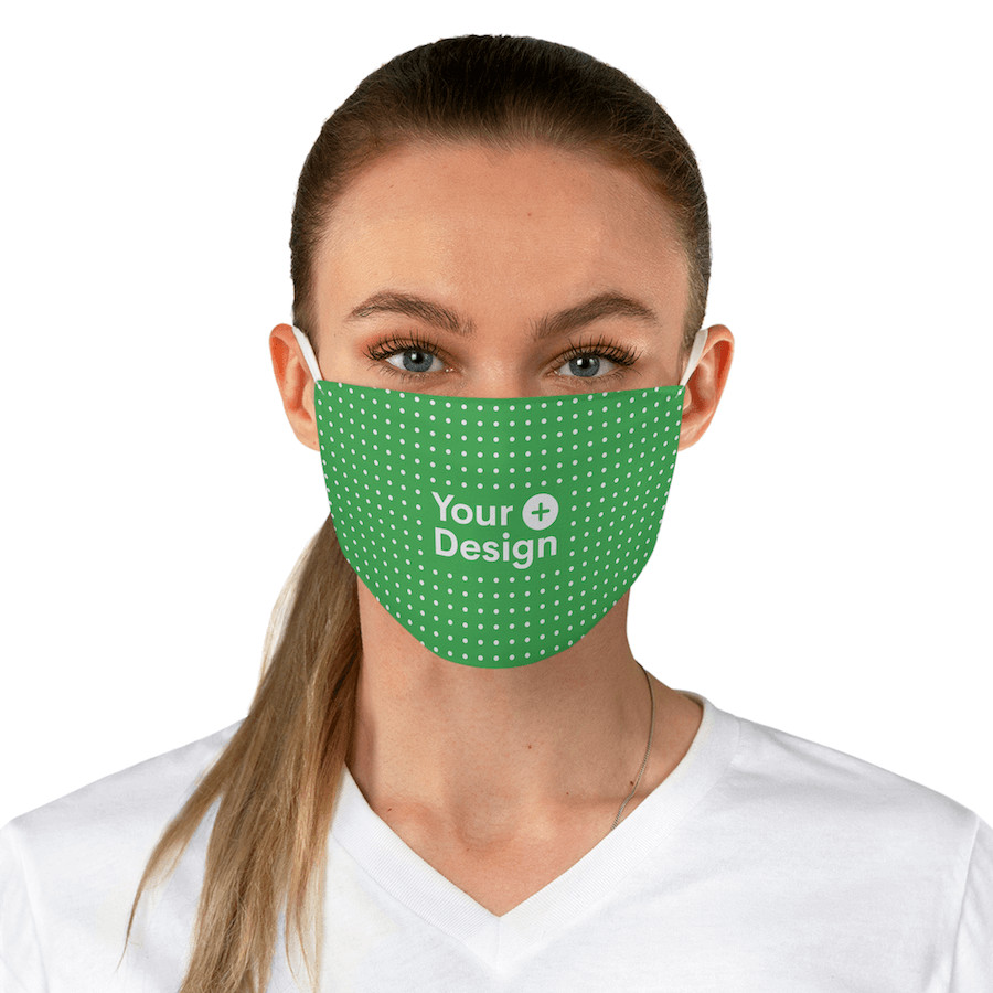 A woman posing in a white t-shirt and custom face mask that says "Your Design"