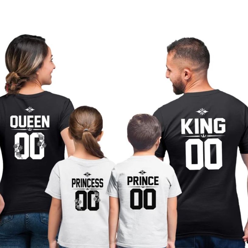 Family of four, mother, father, son, and daughter with football-themed white and black t-shirts with Player numbers and King, Queen, Prince, and Princess written on the back.