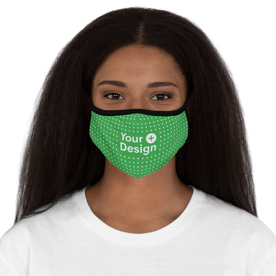 A woman posing in a white t-shirt and custom face mask that says "Your Design"