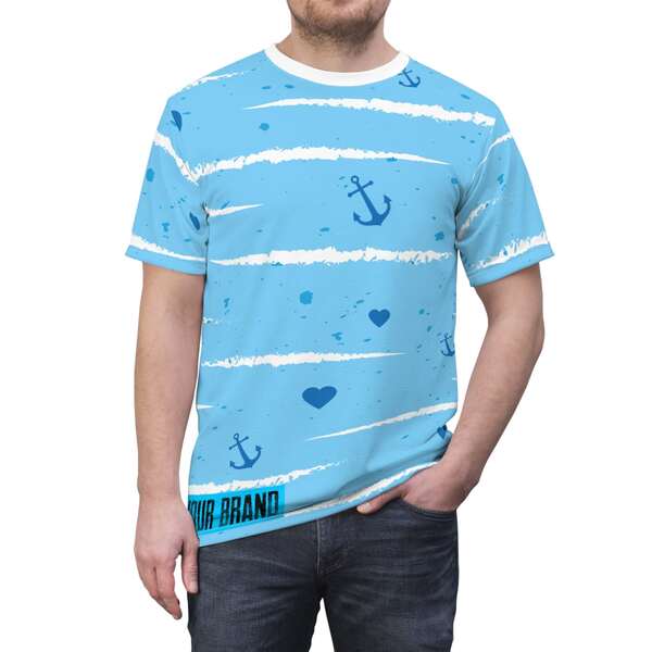 Man wearing a bright blue shirt with an all-over-print of hearts, anchors, stripes, and a “Your Brand” logo placeholder.