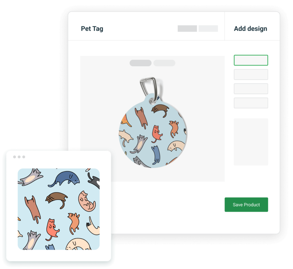 An image of a mockup featuring a round pet tag with a pattern of cat illustrations on a baby blue background