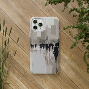Biodegradable phone case with a design of a stylized cityscape and black human silhouettes holding umbrellas.