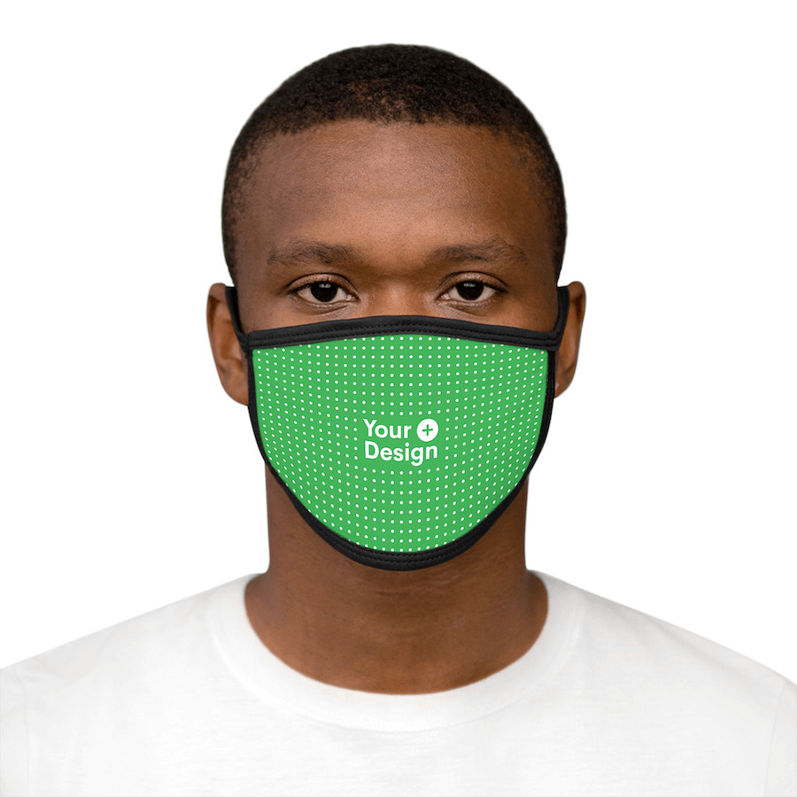 A man posing in a white t-shirt and custom face mask that says "Your Design"