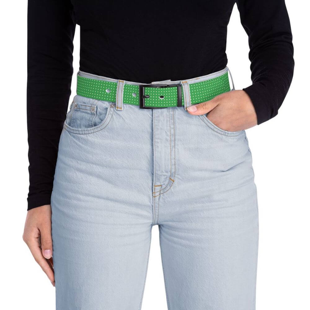 Woman wearing a custom belt with an “Add your design” sign all over it.