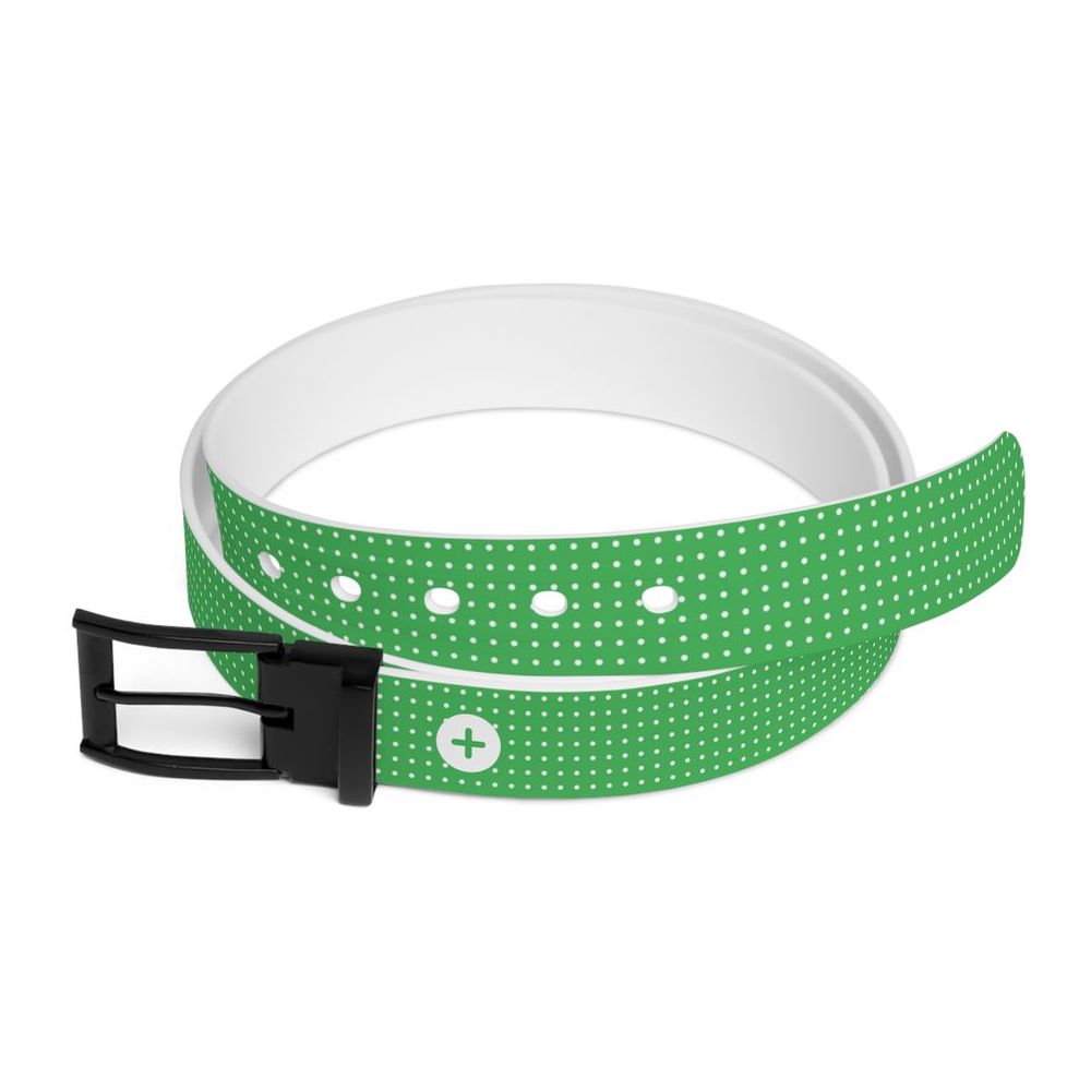 Custom belt with an “Add your design” sign all over it.