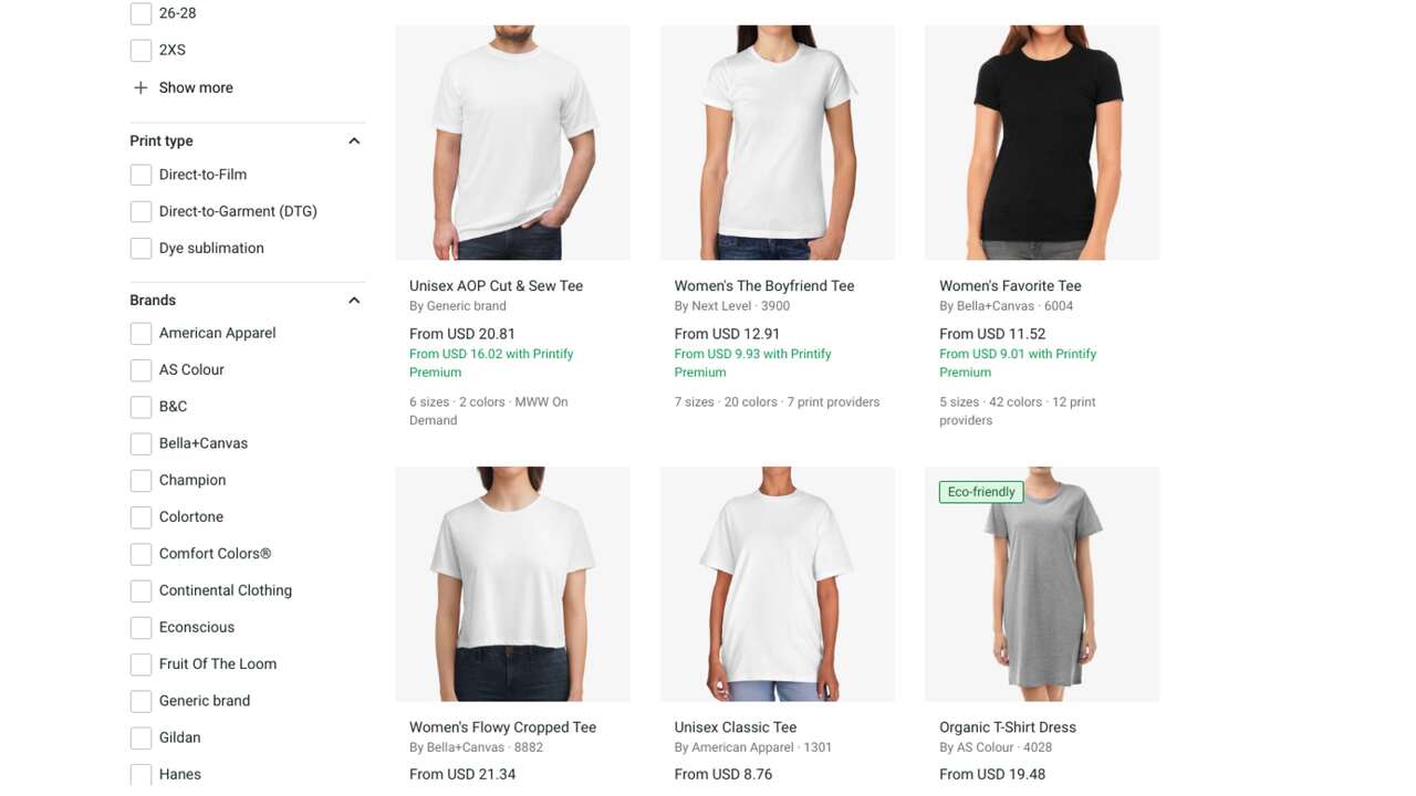 Printify's Catalog page showing various types of t-shirts – Unisex Classic Tee, AOP Cut & Sew Tee, Cropped Tee, and more.