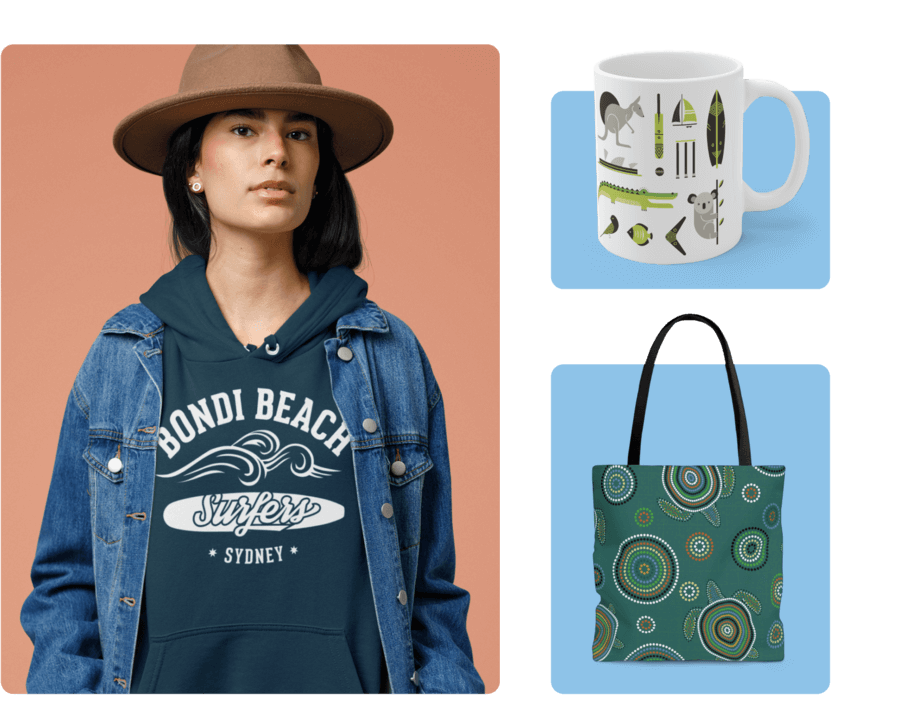 An image of a woman wearing a hoodie that says “Bondi Beach Surfers Sydney”, a mug with Australian symbols, and a tote bag with an abstract design