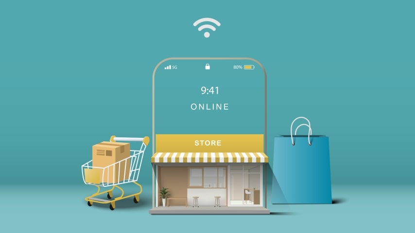 Stylized graphic of an online store viewed from a mobile device.