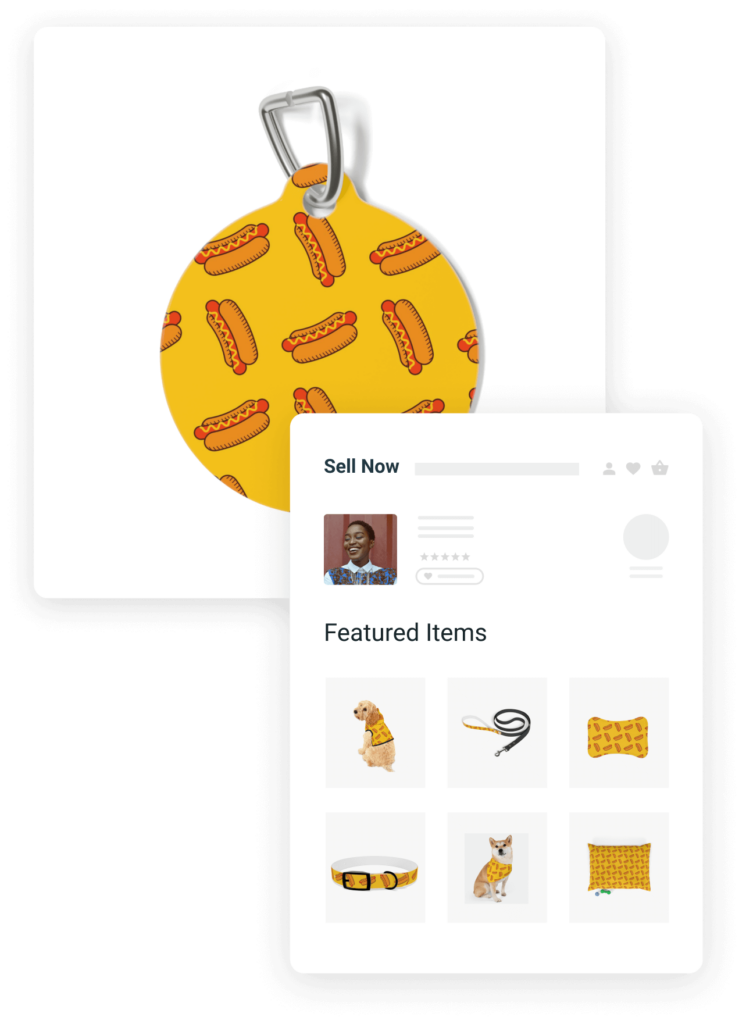 An image of a product mockup featuring an all-over-printed dog collar with a hot dog pattern on a mustard-colored background.