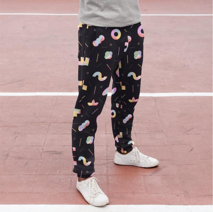 An image of a person wearing custom abstractly illustrated sweatpants.