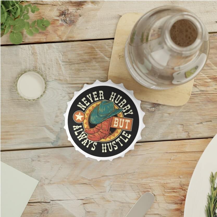 An image of a custom bottle opener with illustrations and text, laying on a table.