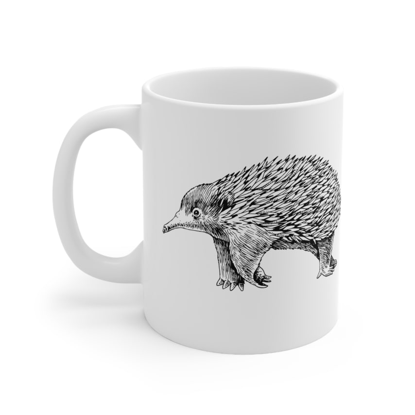 A white mug with an image of an echidna.