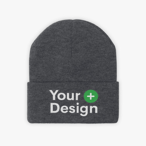 Gray beanie with a logo design placeholder.