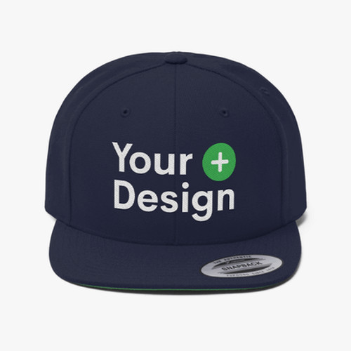 Navy blue snapback hat with a logo design placeholder.