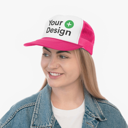 Woman wearing a pink and white trucker cap with a logo design placeholder.