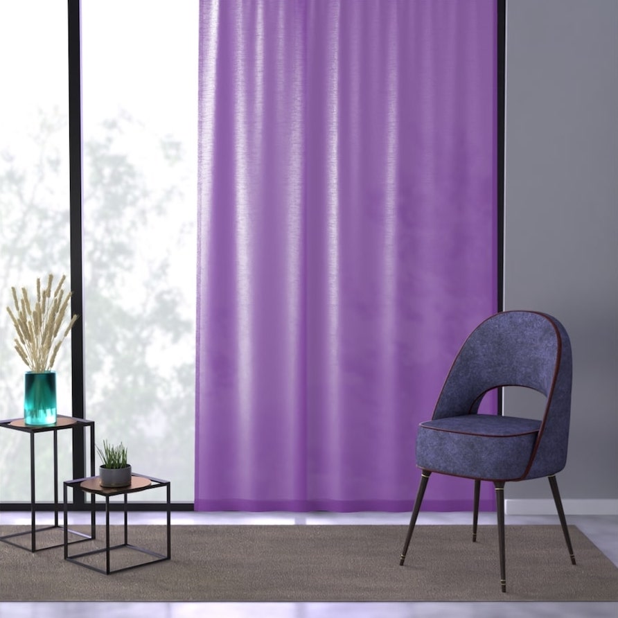 Full-length interior custom curtain installation with a printed glossy monochrome purple color.