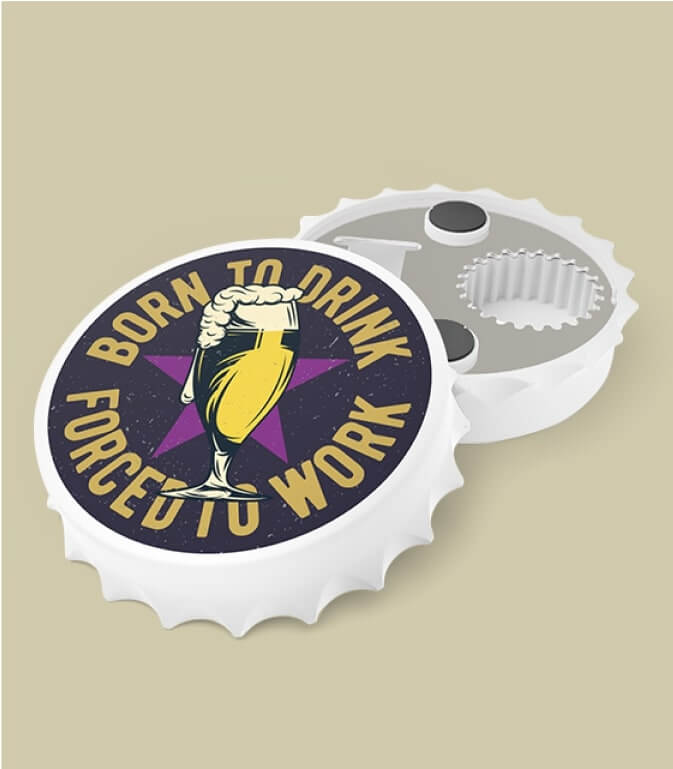 A mockup of a custom bottle opener with text and illustrations.