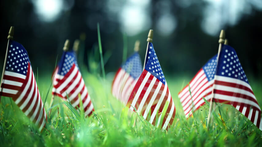 Six small American flags are positioned on a lush green lawn.
