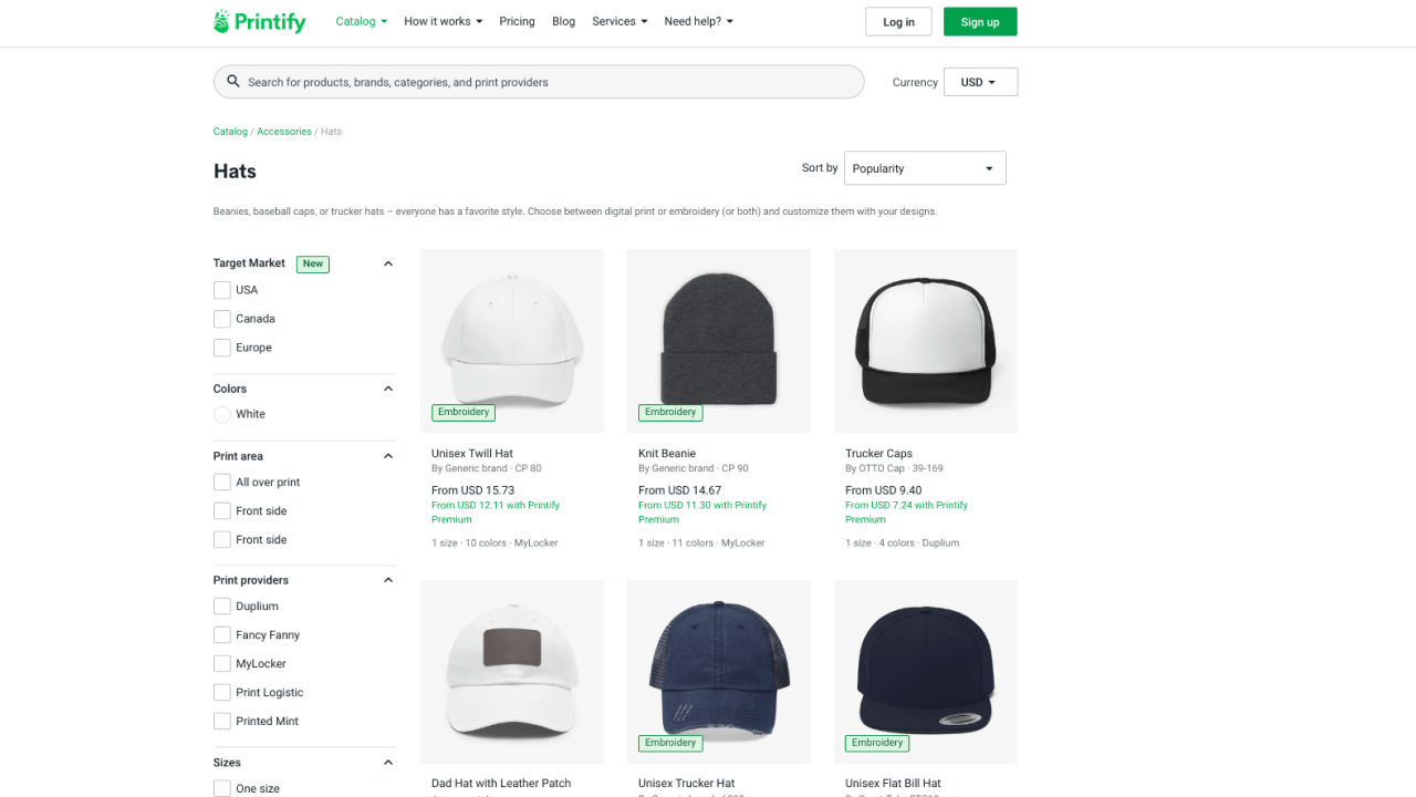 Printify's Catalog of various hat styles – beanies, caps, dad hats, and more.