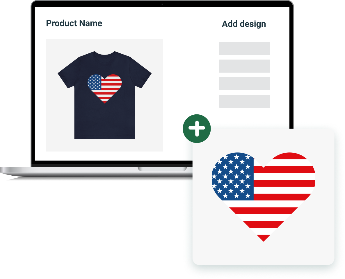 Graphic of a laptop screen showing how to apply a 4th of July design to a custom Printify t-shirt.