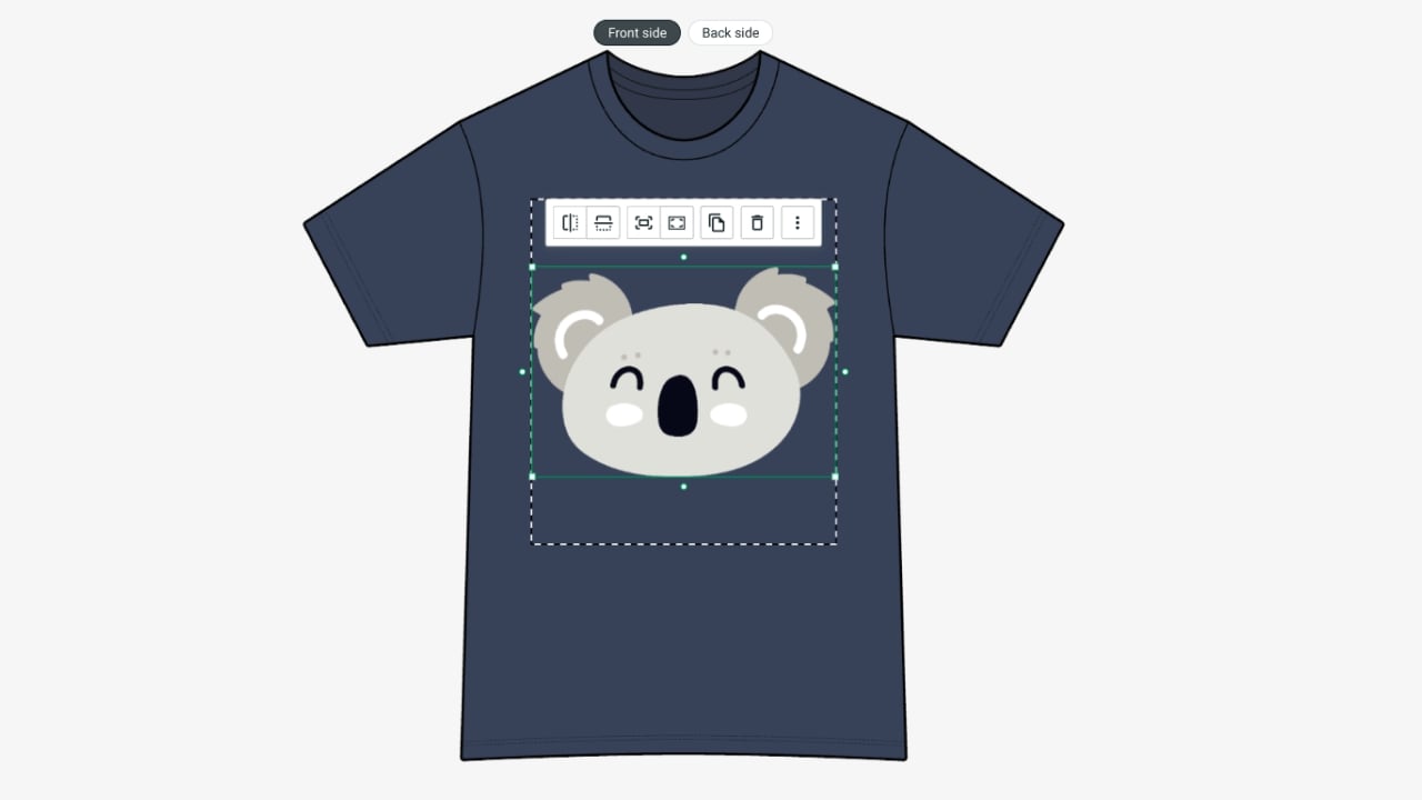 Example of positioning a design of a koala on a navy blue shirt in Printify's Mockup Generator.