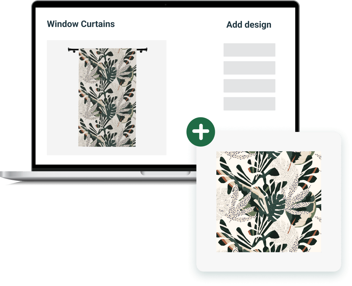 Graphic of a laptop screen showcasing how to add a design to custom curtains using Printify’s mockup design tools.