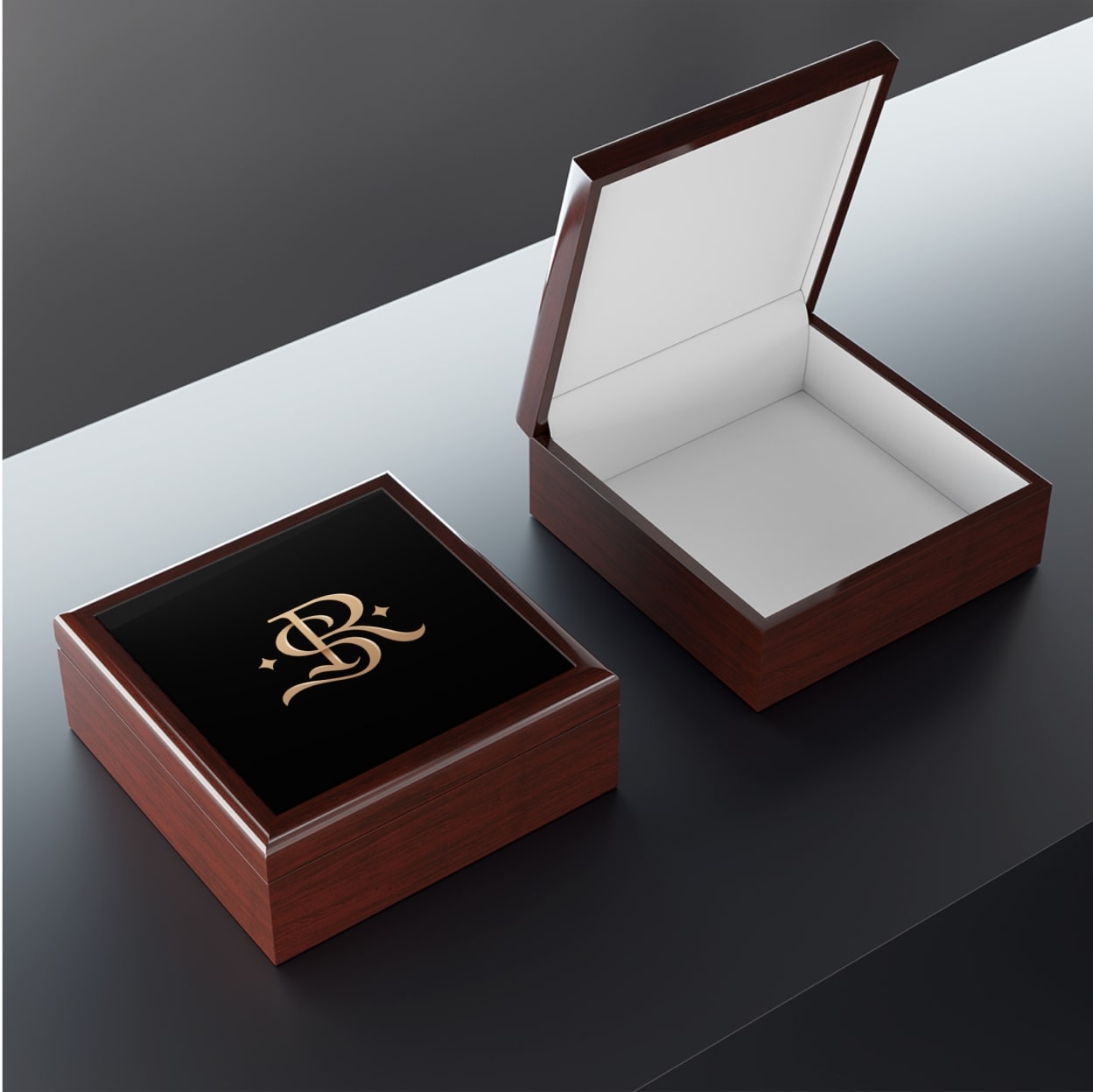 A mockup of a personalized jewelry box with a signature on top.