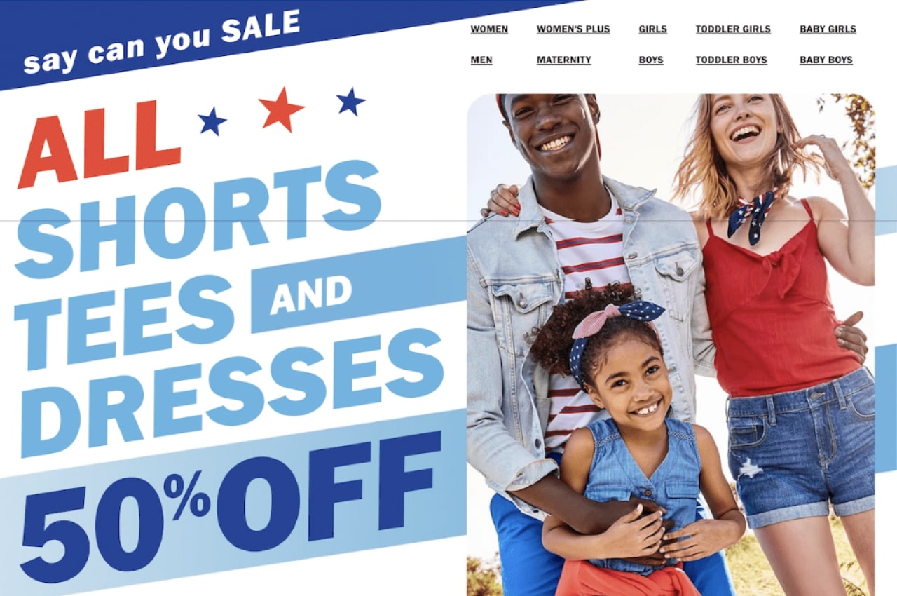 Old Navy’s 4th of July marketing idea – decorating the landing page and launching a limited collection of purple t-shirts, representing unity and belonging.