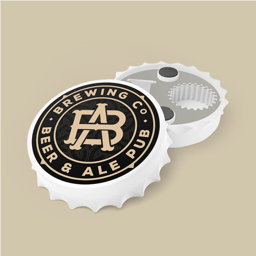 A mockup of a custom bottle opener with text.
