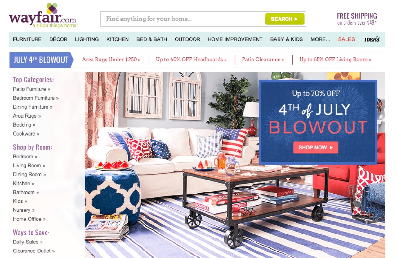 Wayfair’s patriotic landing page