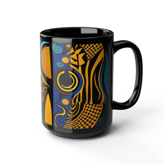 Black mug with an abstract design of blue and yellow lines, figures, and swirls.