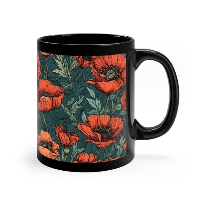 Black ceramic mug with a pattern of red poppy flowers.
