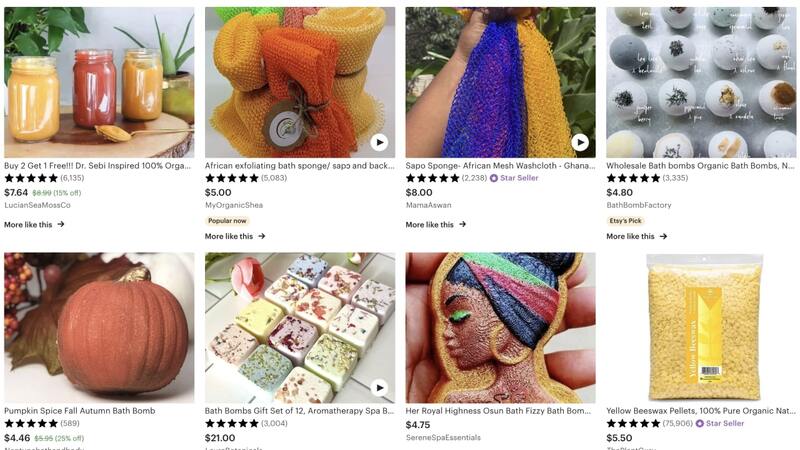 Etsy's top-rated bath and beauty listings – exfoliating sponges, bath bombs, and beeswax pellets.