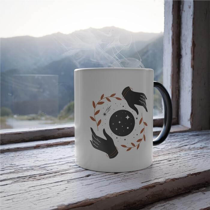 White mug featuring a black handle, poised on a wooden windowsill against a breathtaking mountain vista. The mug is embellished with a cosmic design of hands cradling a universe-like circle, complemented by autumn leaves.