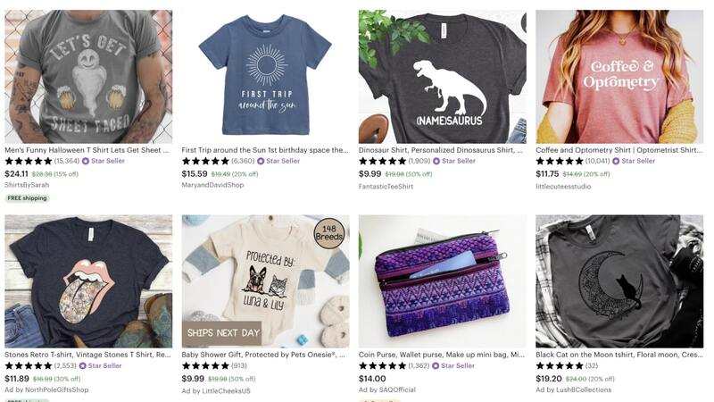 Etsy's top-rated clothing items – mostly t-shirts with various graphic and text designs.