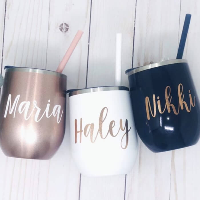 Three wine tumblers with women's names: “Maria,” Haley,” and “Nikki.”