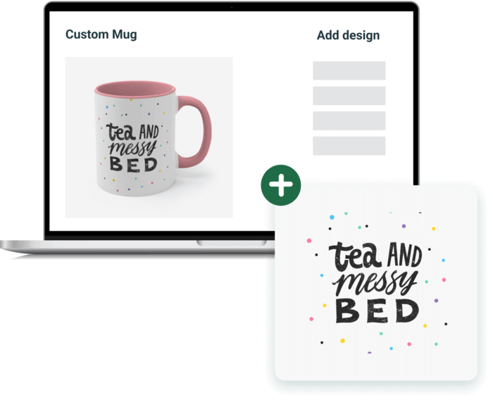 Laptop displaying a design preview of a personalized mug, featuring the whimsical phrase 'tea and messy bed'