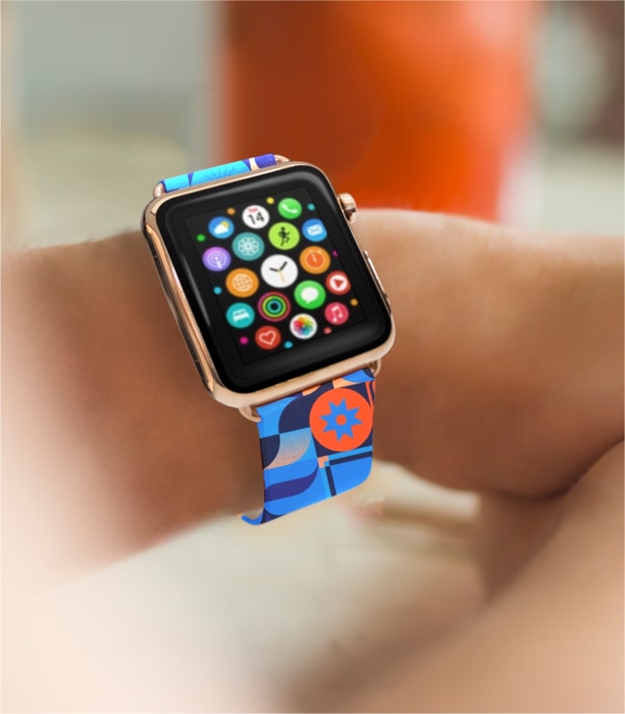 An image of a custom Apple Watch band with an abstract pattern.
