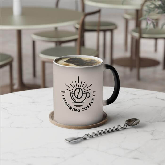 A white mug with a black handle is set atop a coaster on a sophisticated marble table, complemented by a spoon resting nearby. The mug is printed with an illustration of a coffee cup, a sizable coffee bean basking in the sun's rays, and an invigorating phrase 'morning coffee'
