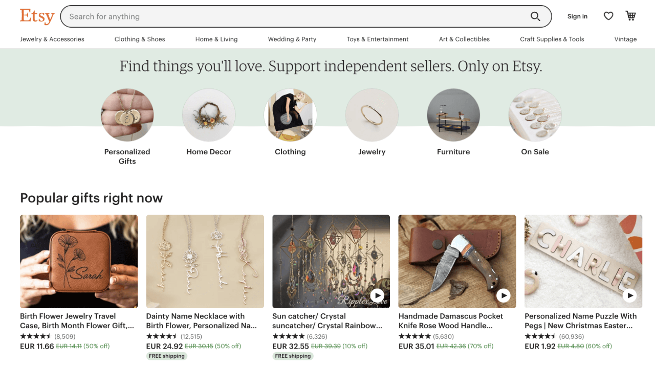 A screenshot of the Etsy homepage.