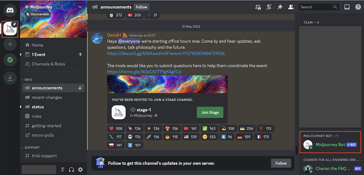A screenshot of the Midjourney Discord channel.