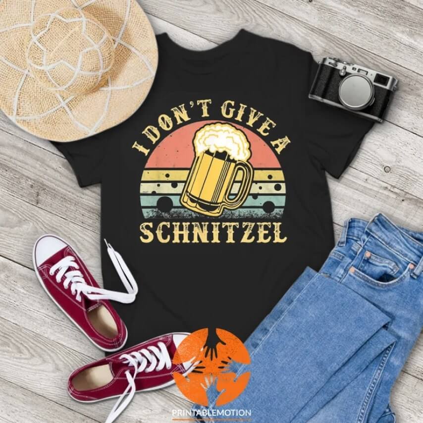 Black Oktoberfest t-shirt with a graphic of a beer mug and the text, “I don't give a schnitzel.”