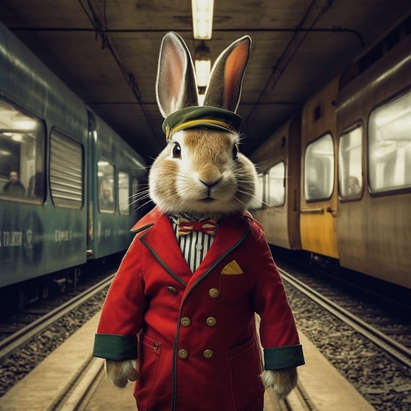 A Midjourney AI generated image of a rabbit as a train conductor.