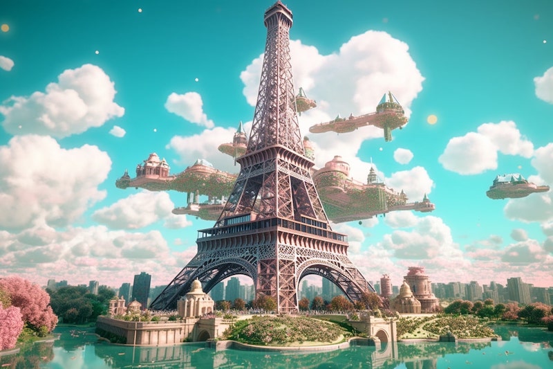 A Midjourney AI generated image of the Eiffel Tower surrounded by floating islands, in Art Deco.