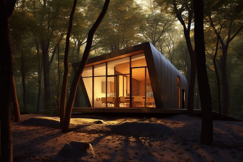 A Midjourney AI generated image of a wooden cabin in an oak forest in Bauhaus style.