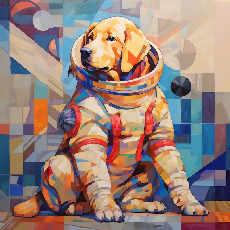 A Midjourney AI generated image of a labrador dog in a spacesuit on the moon, in cubism.