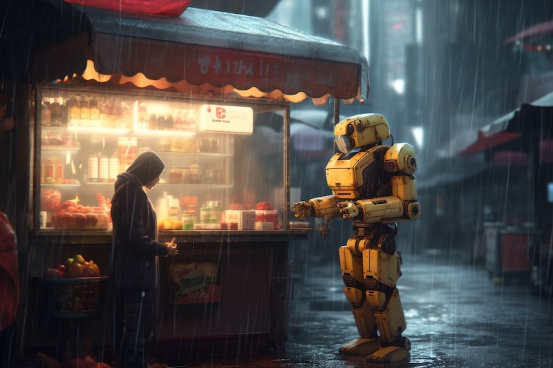 A Midjourney AI generated image of a street-food seller selling pop-corn to a robot in a rainy city.