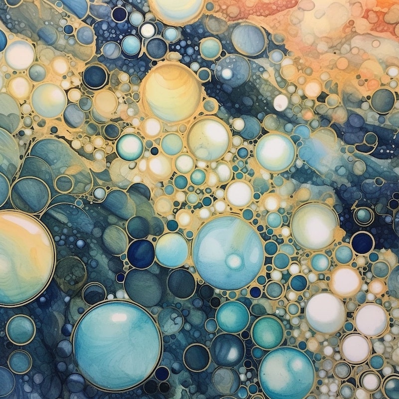A Midjourney AI generated image of layered paper of bubbles, pastel tones, sparkles of blue paint.