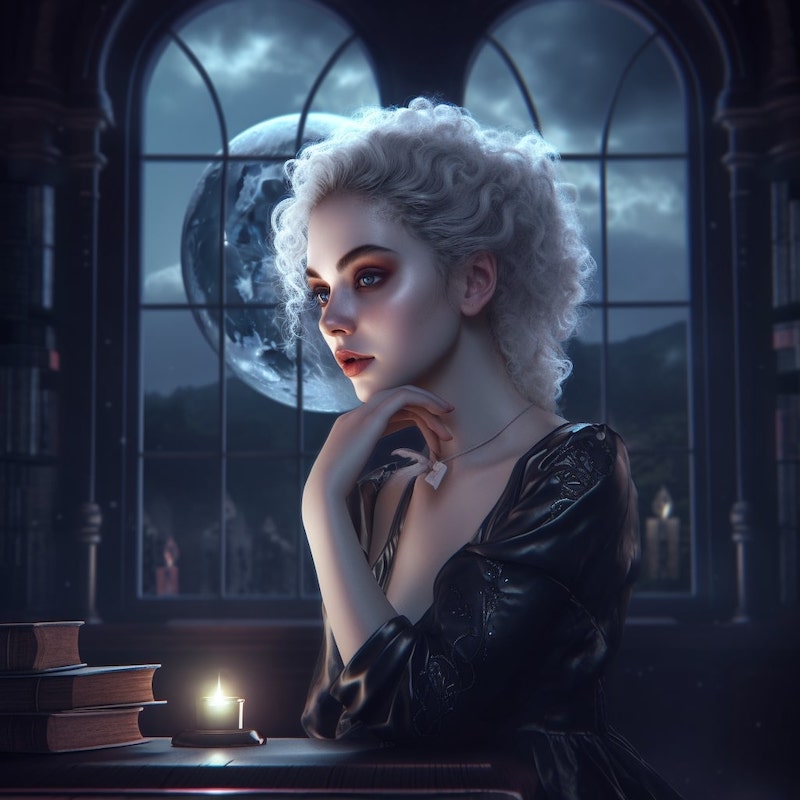 A Midjourney AI generated close-up portrait of an elegant female vampire, in phantasmal iridescent.